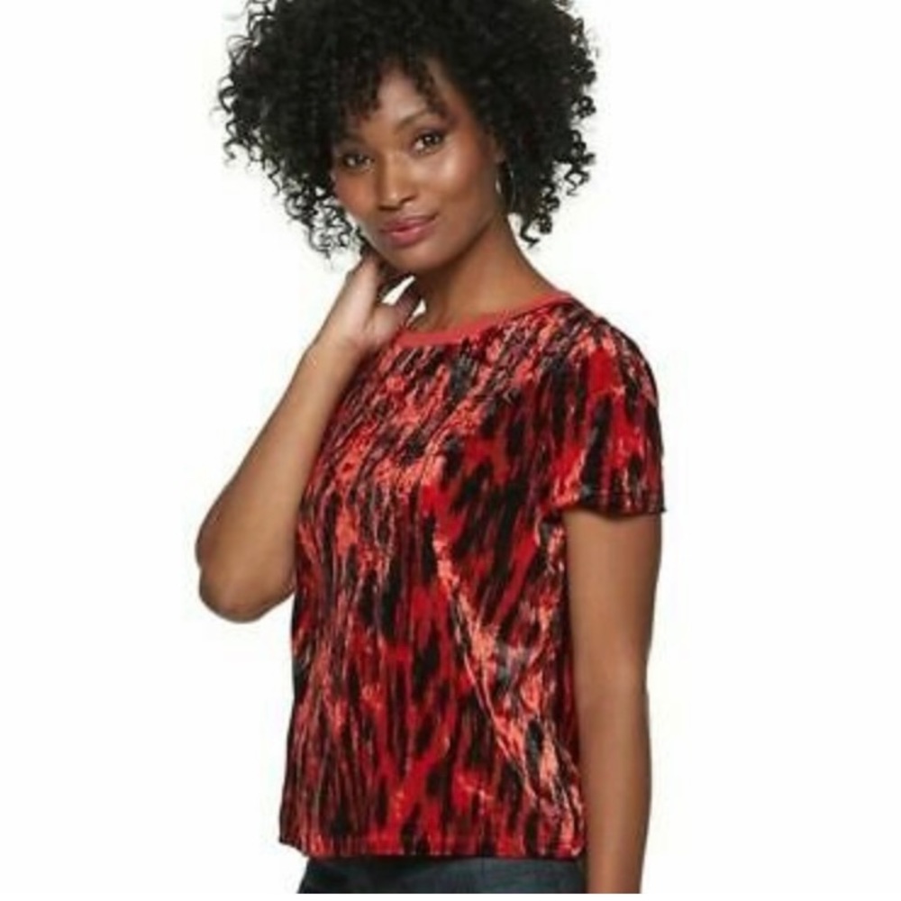 Rock & Republic Red & Black Leopard print Velvet Tee Women's L Valentines Day - Picture 1 of 8